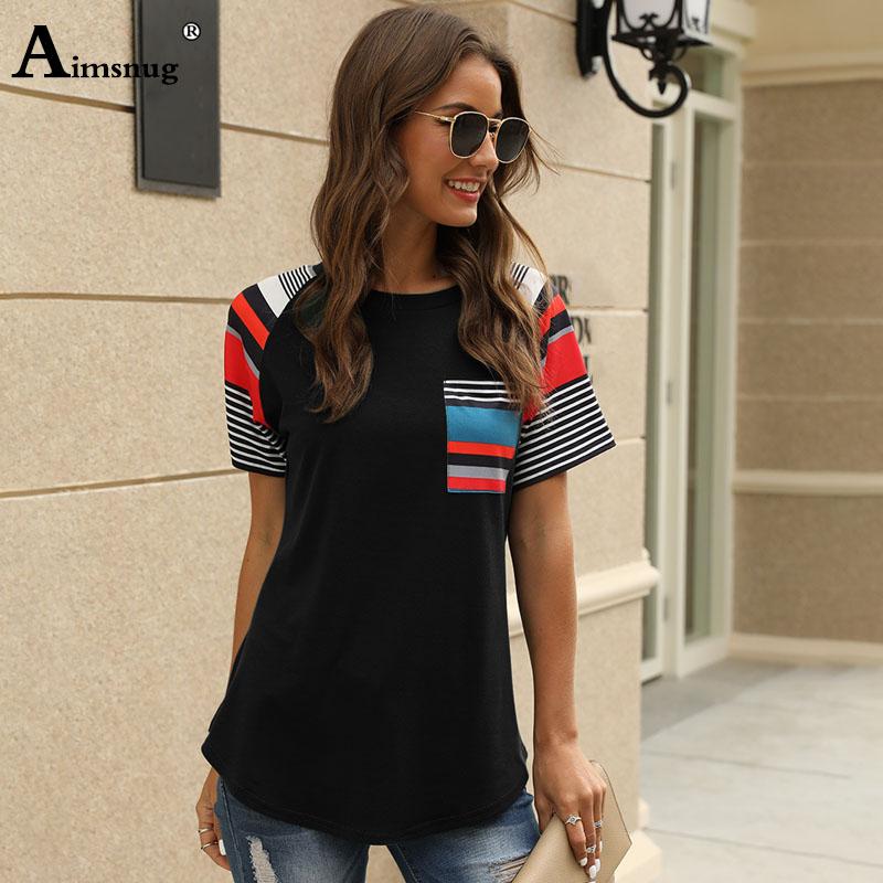 

Aimsnug Women Striped Print Top Girls Cute Front Pocket T-shirt 2020 Summer New Fashion Tunic shirt Female Casual Tee Shirts, Green