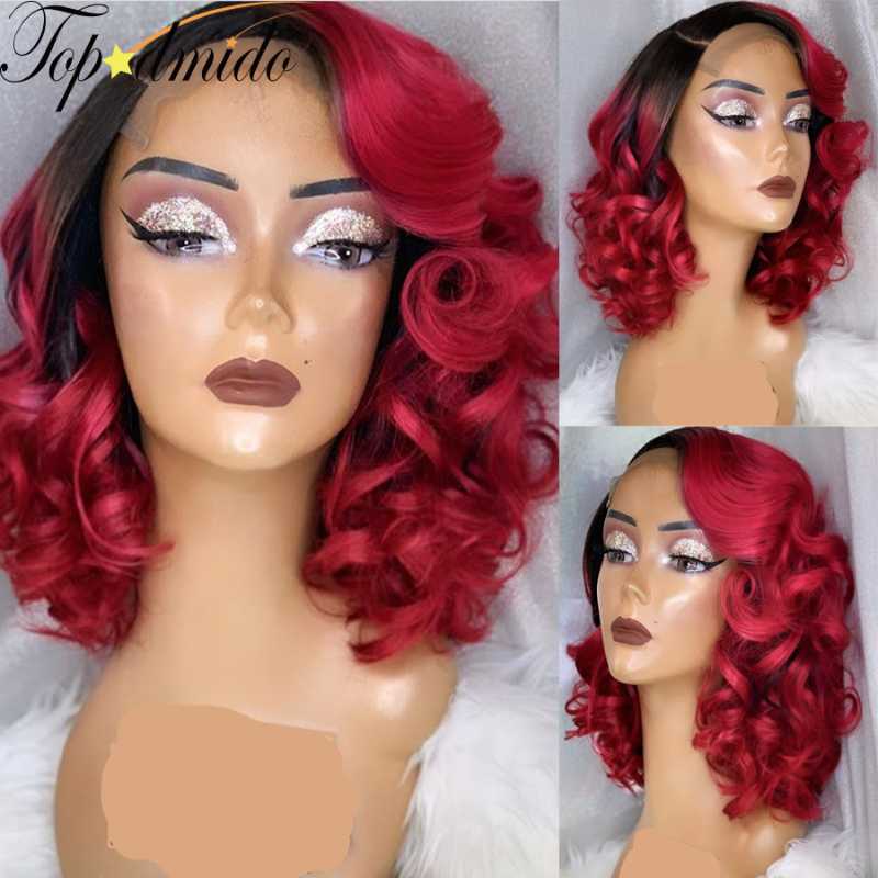 

Lace Wigs TOPODMIDO Omber Red Color Front Human Hair With Natural Hairline Curly Brazilian Deep Wave Bob Wig, Black;brown