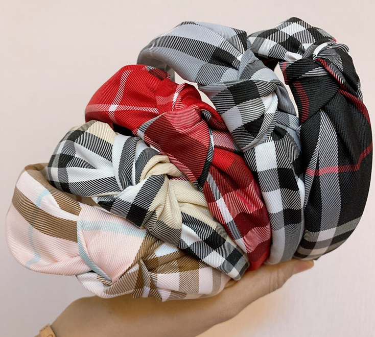 

Wide Edge Grid Print Headband Lady Hair Hoop Charm Women Fashion Top Knotted Headband Cloth Head Wear Elastic Cross-head Hair Accessories