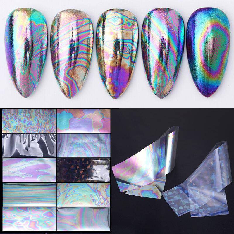 

10Pcs Holographics Mirror Laser Effect Nail Foil Transfer Stickers DIY Nail Art Decals Decor Art Decoration Design for, Hc991