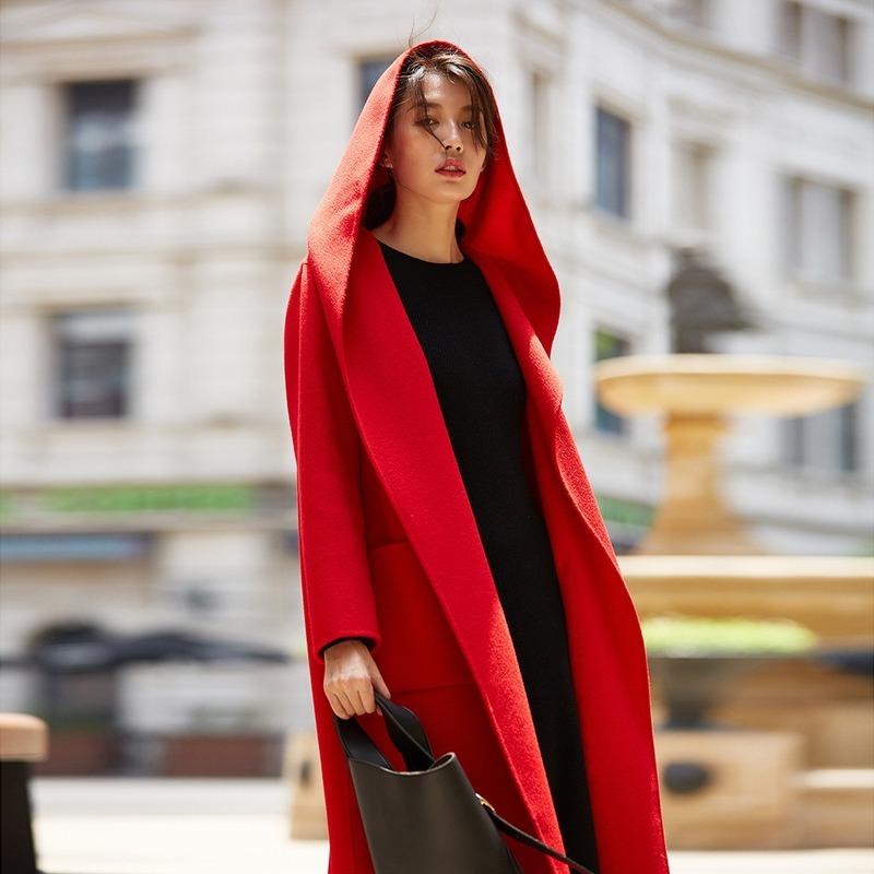 

Original design double-sided water ripple cashmere hooded hooded loose coat woolen coat red casual autumn and winter women