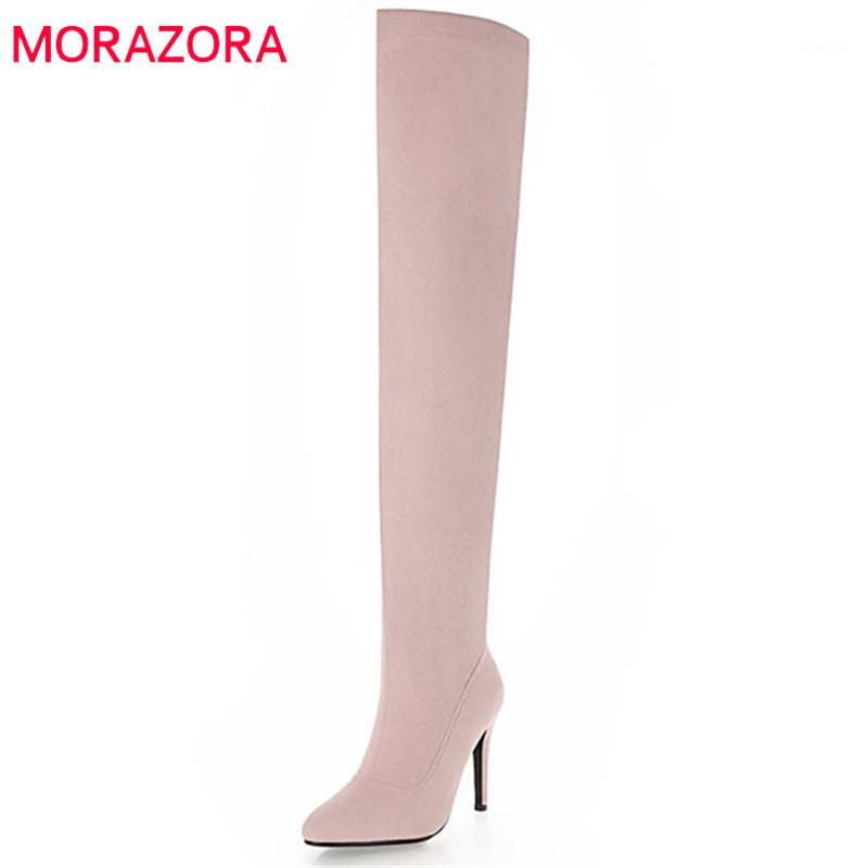 

MORAZORA 2020 hot sale thigh high boots zipper simple autumn winter boots women pointed toe flock long high heels shoes1, Black