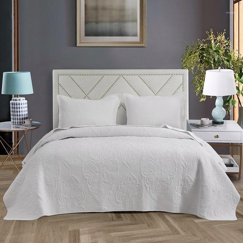 

3pc Full/Queen Over Size 100%Cotton Quilted Bedspread Bed Cover Embossed Solid White Grey Brown Bed Cover set Pillow shams1, Color 2