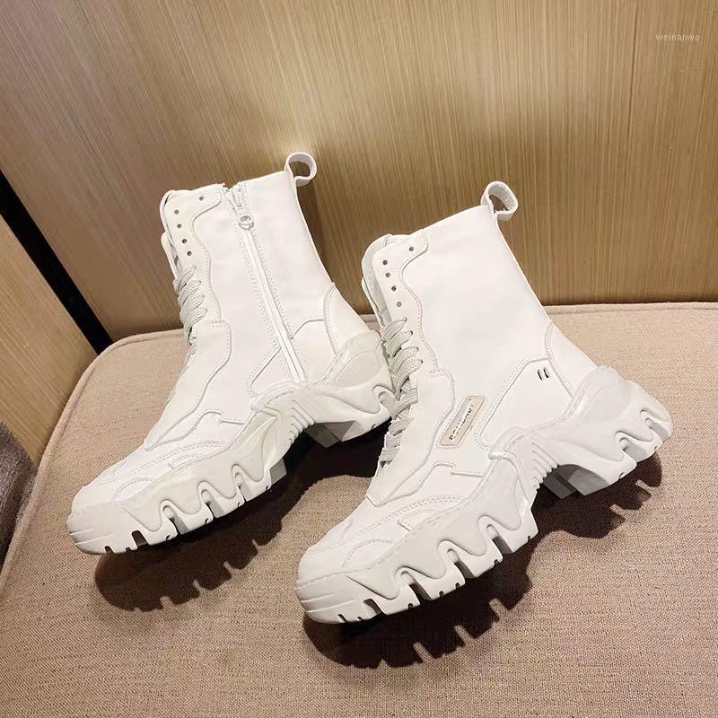 

Winter 2021 ladies fashion ankle boots warmth chunky thick-soled sandwich boots mid1, White