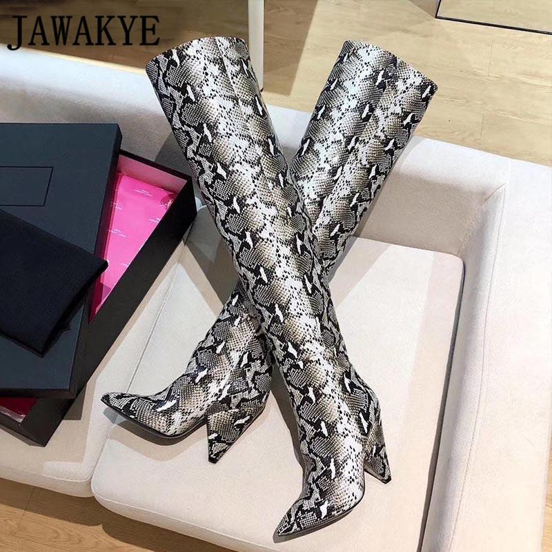 

Genuine leather thigh high boots T show winter party long boots cone heel pointed toe snake pattern knee for women, Blue