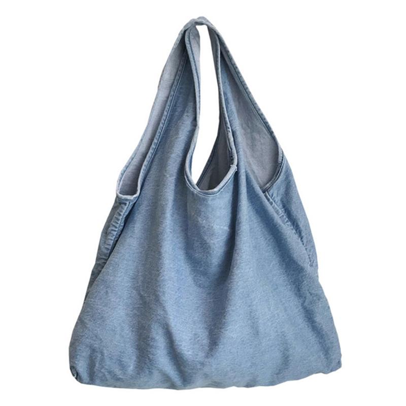 

Teenager Denim Vest Shape Tote Bag Female 2021 Girls Casual Daily Ecology Reusable Fabric Soft Open Shopping Shopper Handbag, Blue