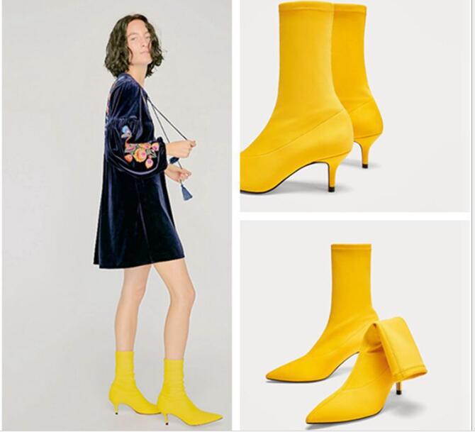 

Autumn and Winter 2020 New European and American Elastic Shoes with Tip Fine Heels, Short Sticks, Yellow Shoes Boots, Black