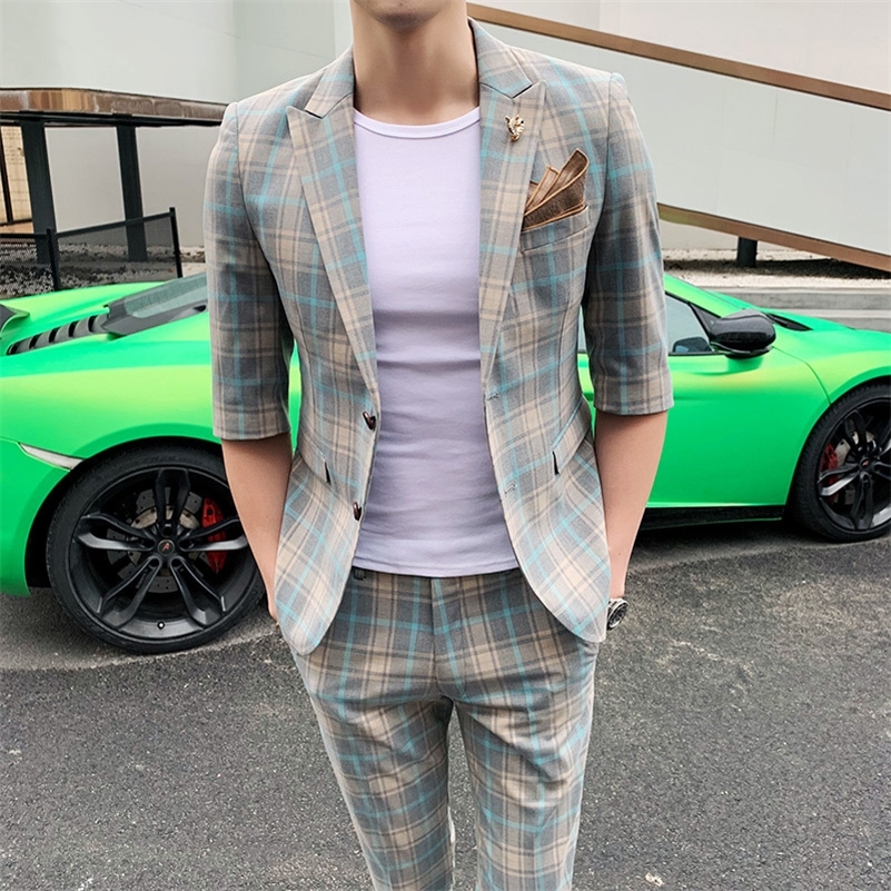 

Summer Fashion 2 Pieces Suit Men Plaid Business Casual Slim Fit Wedding Groom Suits Terno Party Tuxedo Suits (jacket+pant) 201106, Colour