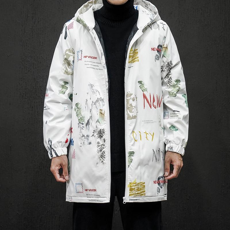 

Winter Warm Parker Coat New Graffiti Printed Thicken Long Hooded Jacket Large Size Loose Windbreaker White Cotton-Padded Men