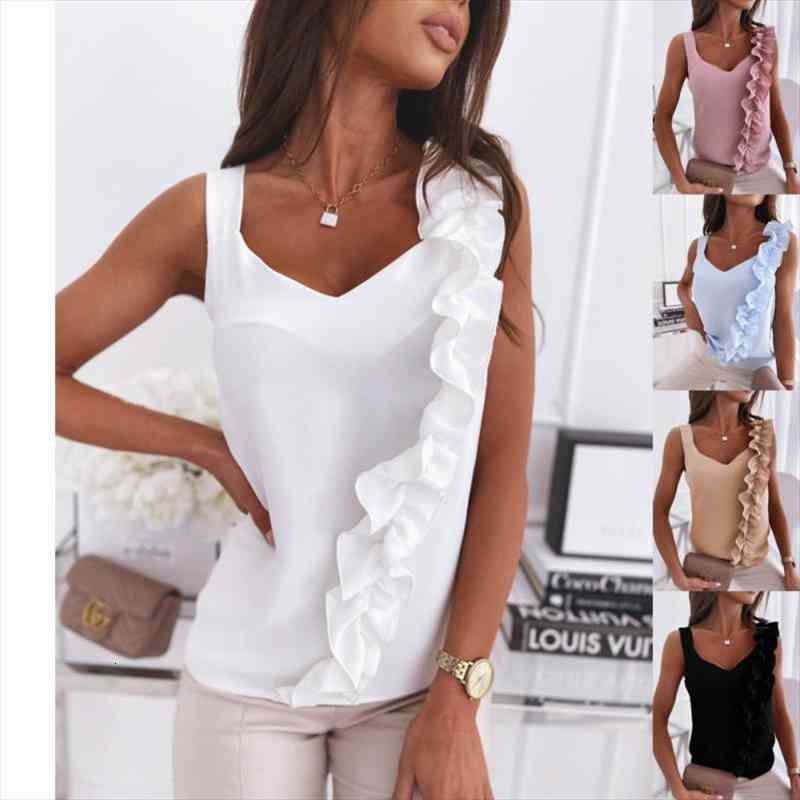 

women v-neck tank halter ruffle ladies solid sleeveless t-shirt summer fashion casual comfy female slim vests, White