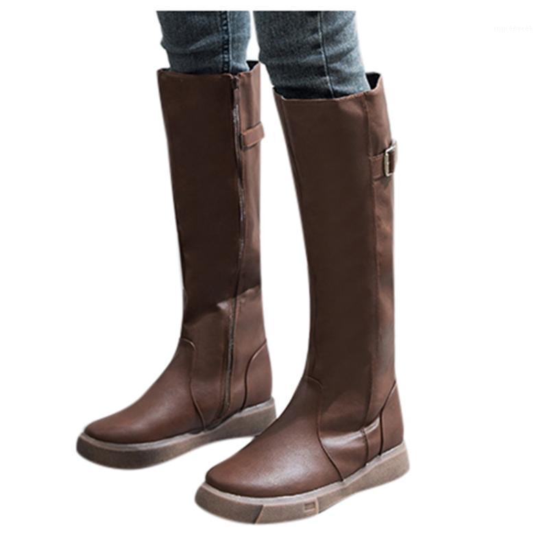 

Fashion Women Flat Knee-High Long boots Solid Color Zipper Boots Leather Shoes woman Buckle Strap Round Toe botas mujer1, Black