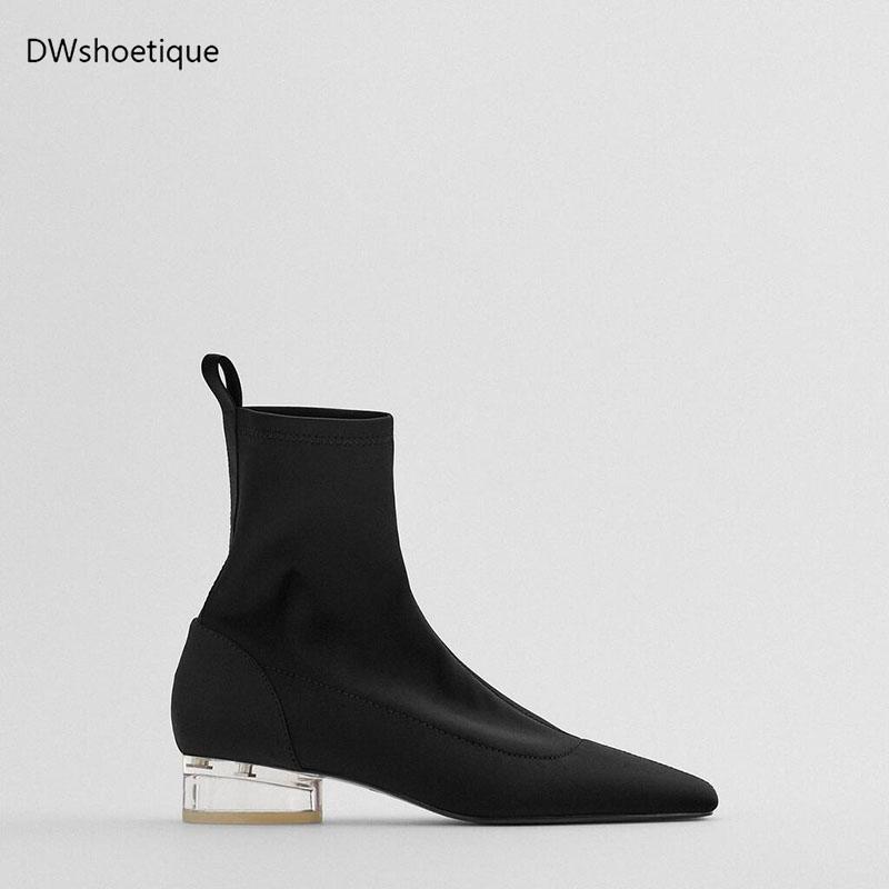 

Clear heel women ankle boots round toe casual stretch boots, Black