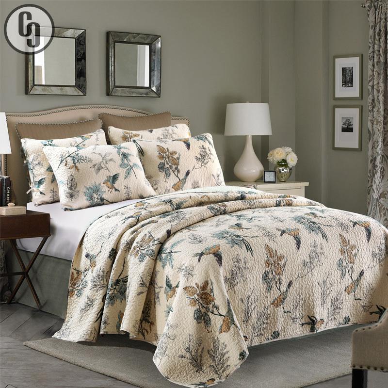 

GXC Soft BedSpreads Cotton Quilt Set 3PCS Quilts Bird Flower Quilted Bed Cover With Shams Bedding  Size Coverlet Blanket, As pic