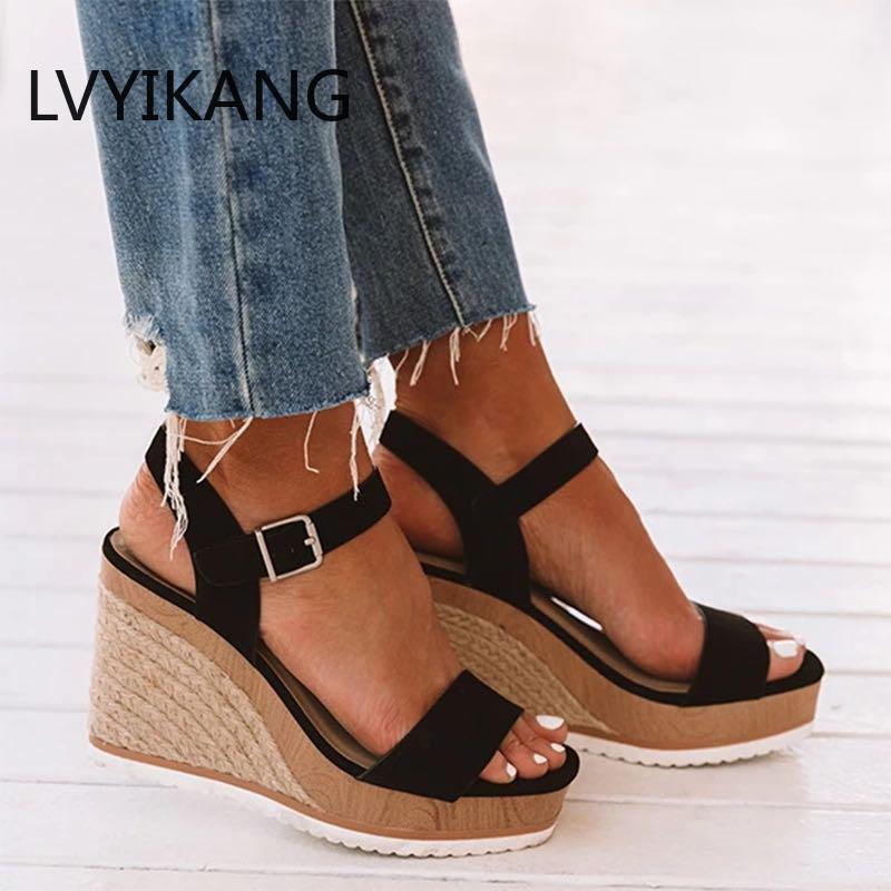 

Women Wedge Sandals Ladies Ankle Buckle Strap Flock Shoes Female Fashion Bottom Woman Casual Sandal 2020 New Hot Summer, Black