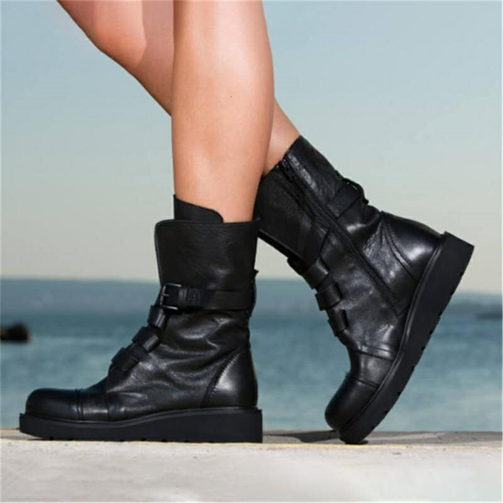 

Spring 2021 New Design Buckle Mid-calf Shoes Thick Vintage Leather Women's Black Purple Boots Mujer 158Z, Green.
