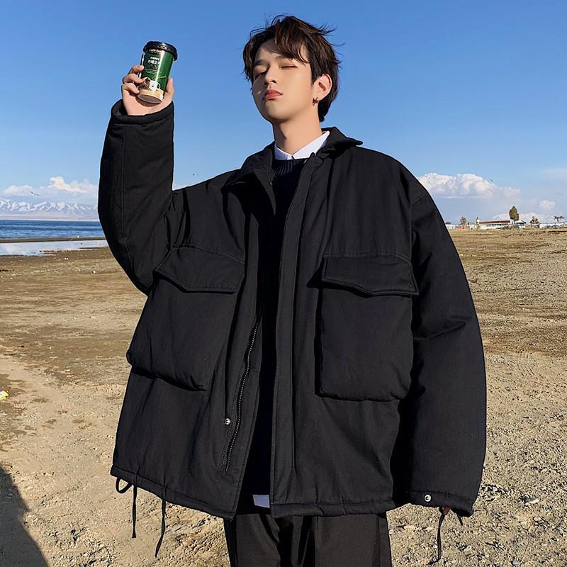 

Parkas Men Solid Turn-down Collar Big Pockets All-match Loose 3XL Korean Harajuku Mens Winter Coat Fashion Streetwear, Black
