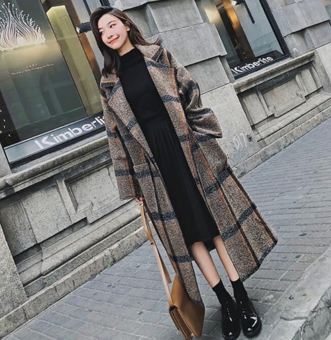 

Wool Coat Women Winter 2020 Mid-long Student Relaxed Knee-length Vintage Plaid Woolen Blend Cloth Overcoat Windbreaker Outwear, Brown