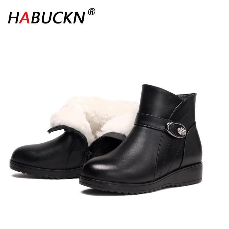 

HABUCKN Women Ankle Boots 2020 New Genuine Leather Women Flat Winter Boots Big Size 41 42 43 Thick Wool Warm black, Black plush