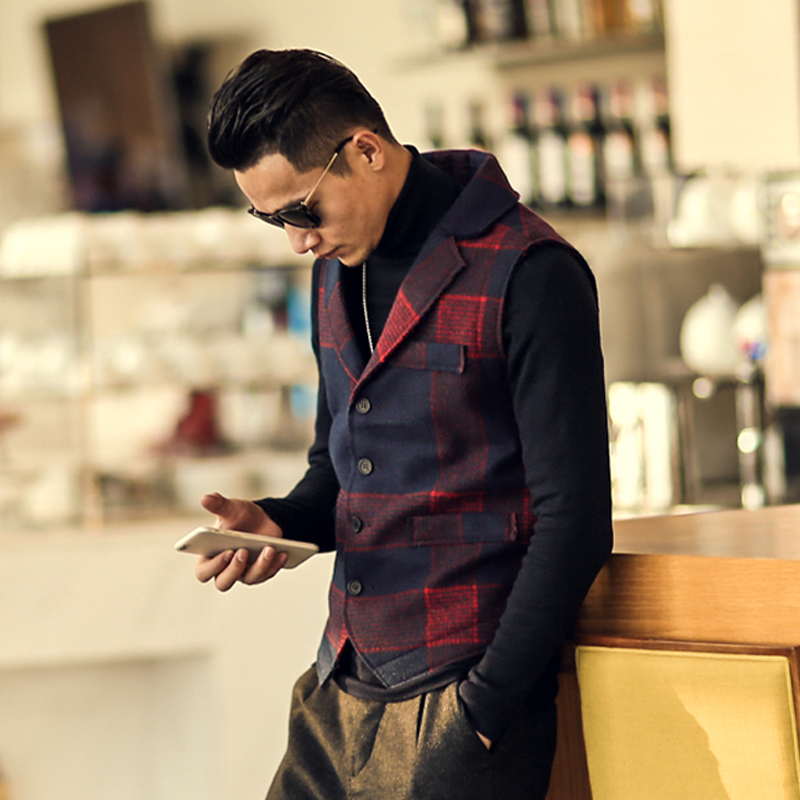 

Fashion Vintage Autumn And Thicken Plaid Men'S Waistcoats Woolen Vest Male Winter Brand Clothing Men high quality M06, Red plaid