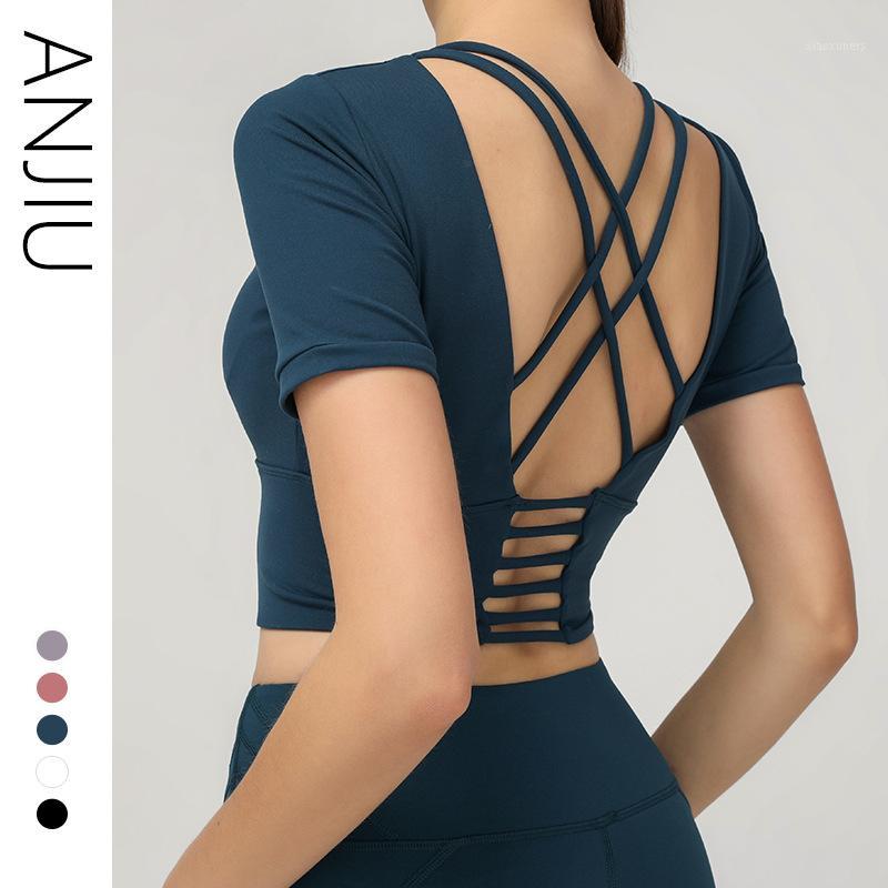 

Women Back Straps Gym Yoga Crop Tops Yoga Shirts Short Sleeve Training Top Fitness Running Sport T-Shirts1, Black