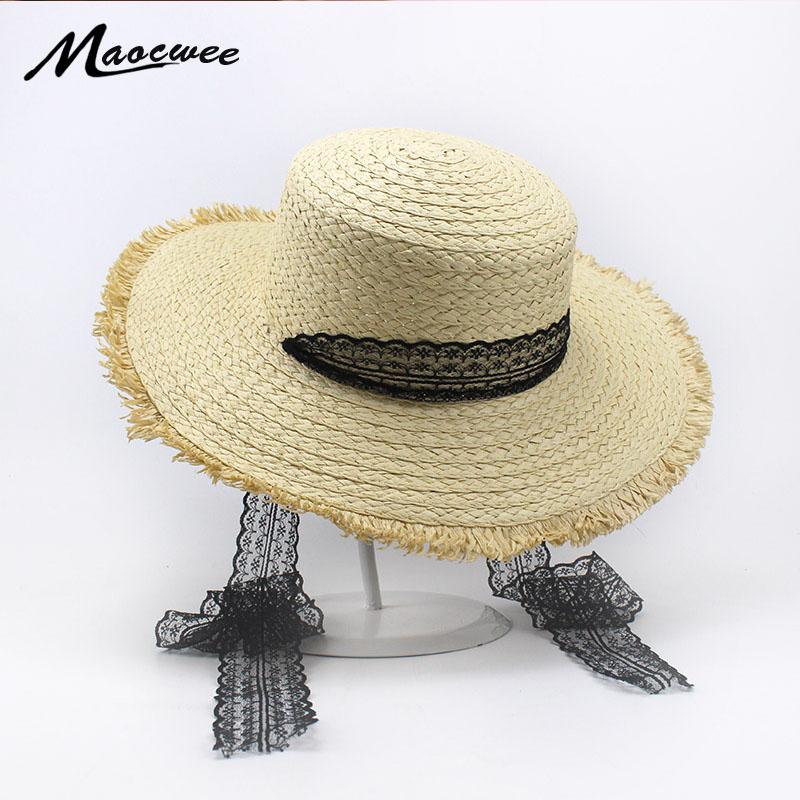 

Wide Brim Hats Women 2021 Straw Panama Sun Hat Black Striped Overflowed Floppy Fashion Summer Large Lace Folded Cap Bone