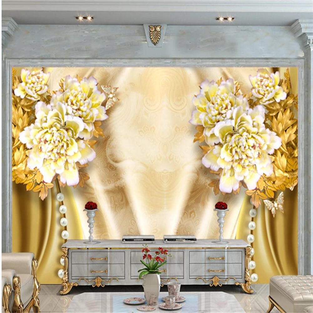 

jewelry peony flower wallpapers silk mural living room modern wallpaper for living room, Gold