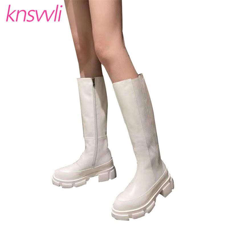 

Runway Thick Sole Knee High Boots Women Genuine Leather Knight Long Boots Woman Platform Motorcycle Winter Shoes For Women, White