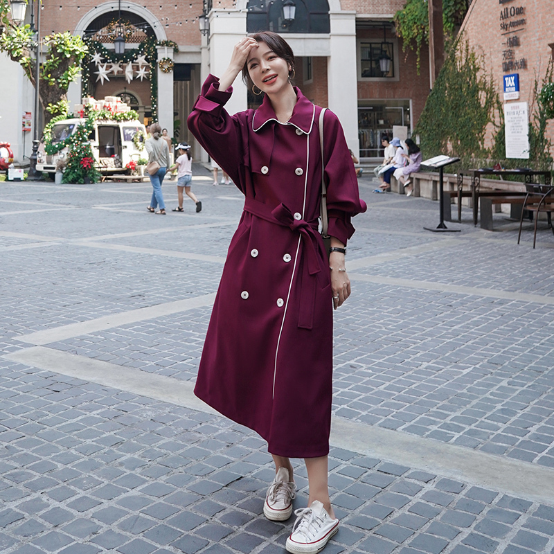 

2021 New Female Blunder New Spring Red Wine Long Korean Lapel Loose Double Breasted British Style Women's Coat Q9 Cuh6, Alcohol