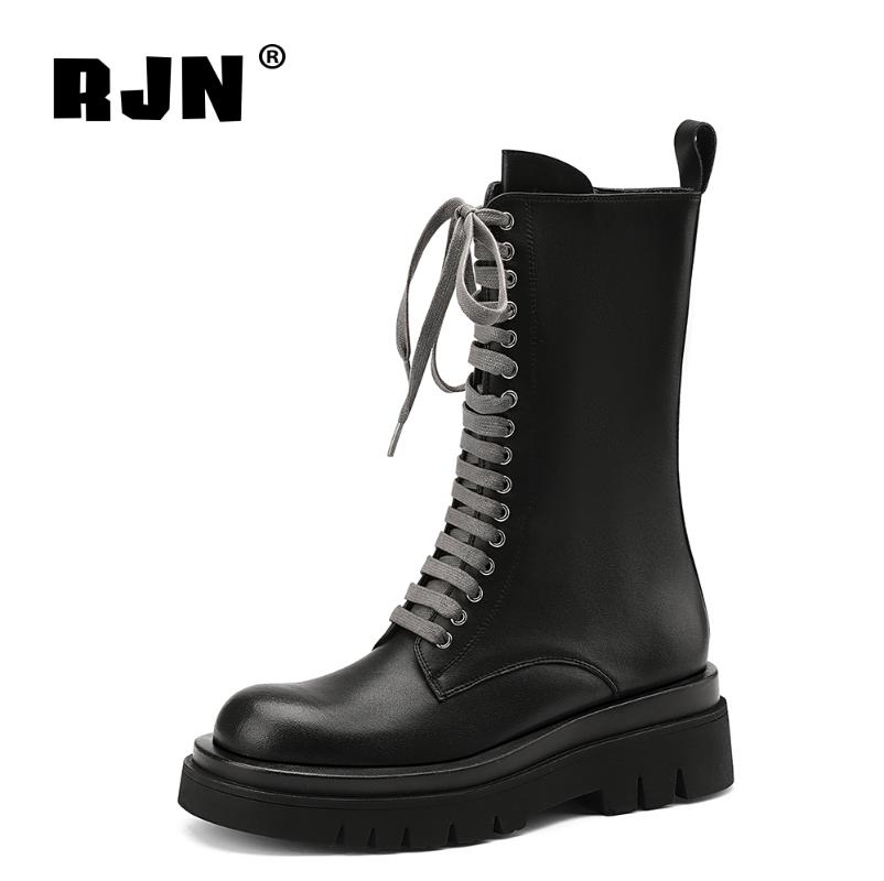 

RJN Stylish Lace-up Ankle Boots Round Toe Handmade High Quality Cow Leather Casual Women Shoes Comfortable Platform Boots RO243, Black pig skin