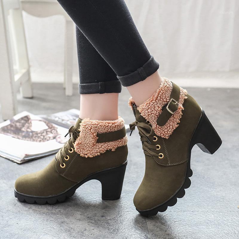 

Women High Heels Boots Female Round Head Coarse Heel Shoes Flanged Platform Ankle Boots Lace Up Short Footwear1, Brown