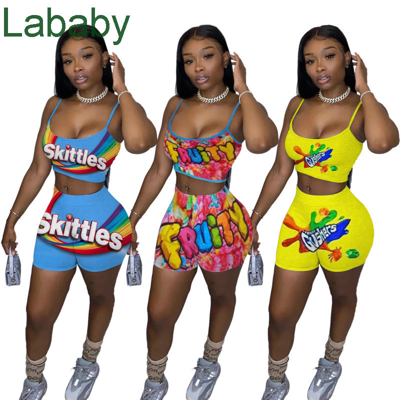 

Women Tracksuits Two Pieces Set Fashion Casual Printed Camisole Top Shorts Sleeveless Short Pants 3 Colours Ladies Outfits 2021, Yellow