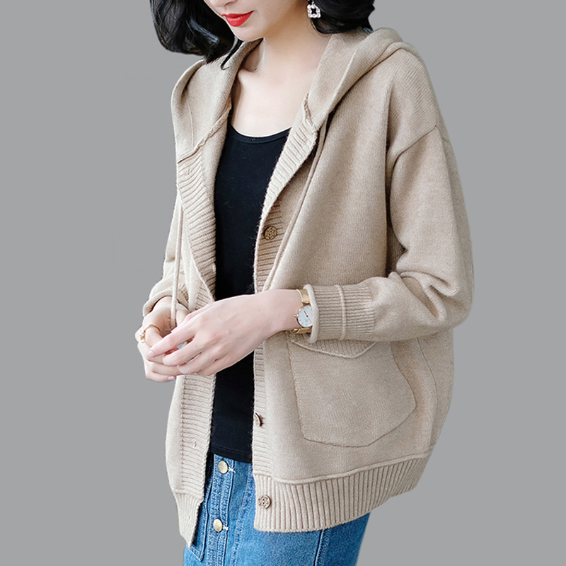 

2021 New Cardigan Spring with Hoodie Solid Women's Nightgown Mesh Big Size 4xl Sweaters DXQ1, Khaki.