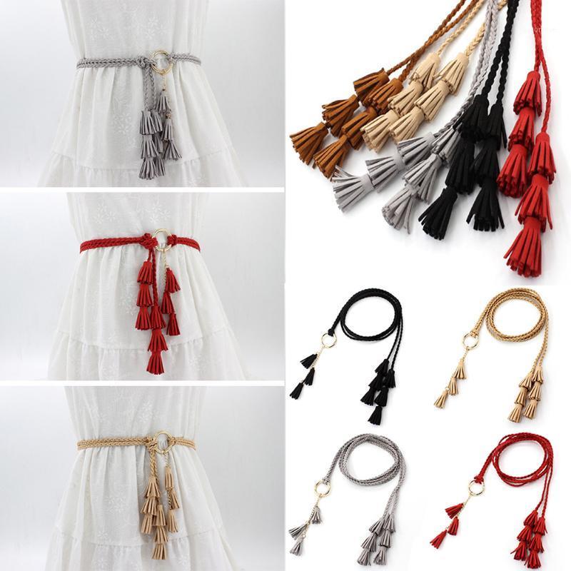 

1PCS Fashion Braided Tassel Waist Belt Thin Waist Rope 3 String Fringed Knotted Weaving Knit Belt Women Harajuku Dress Waistband1, Red