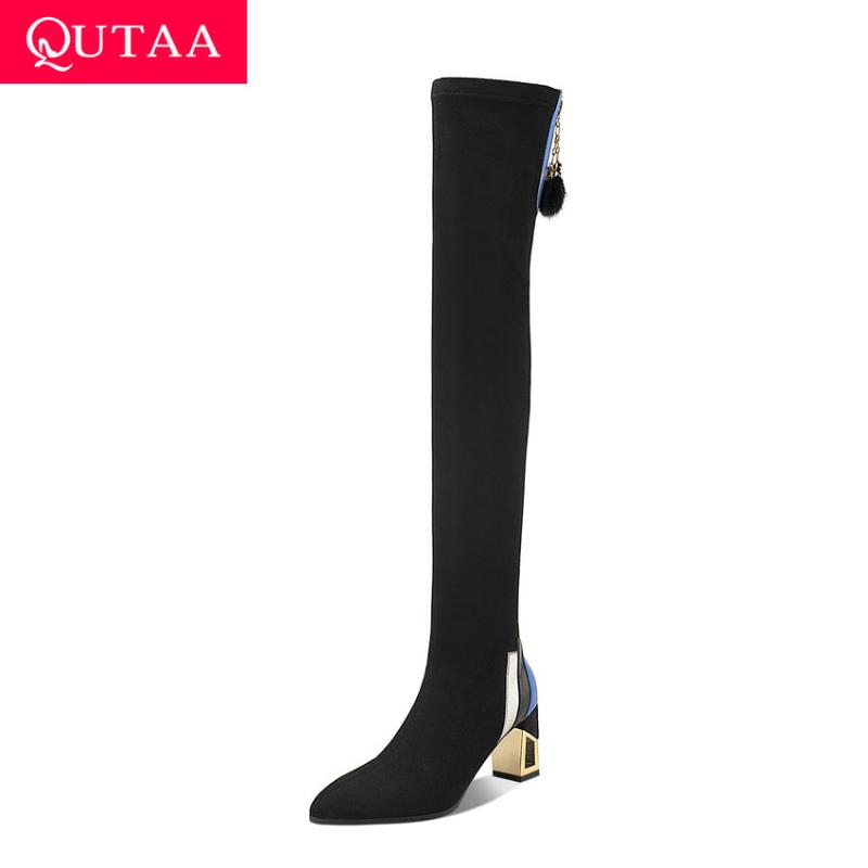 

QUTAA 2021 Square High Heel Over The Knee Boots Stretch Flock Zipper Long Boots Autumn Winter Pointed Toe Women Shoes Size 34-42, Black