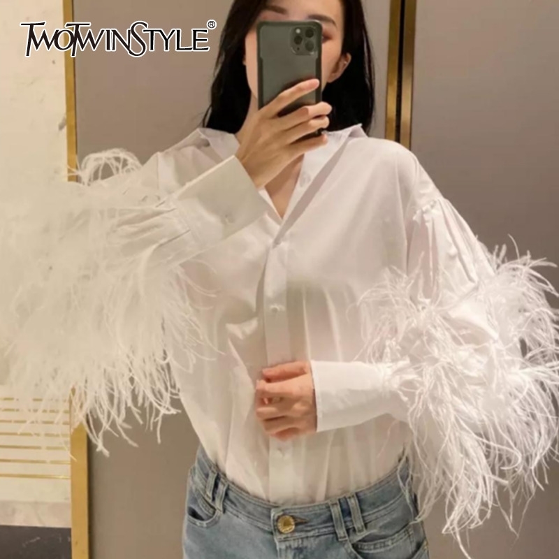 

TWOTWINSTYLE Casual Patchwork Feather Blouse For Women Lapel Lantern Sleeve White Solid Shirt Female Fashion New Clothing 201201