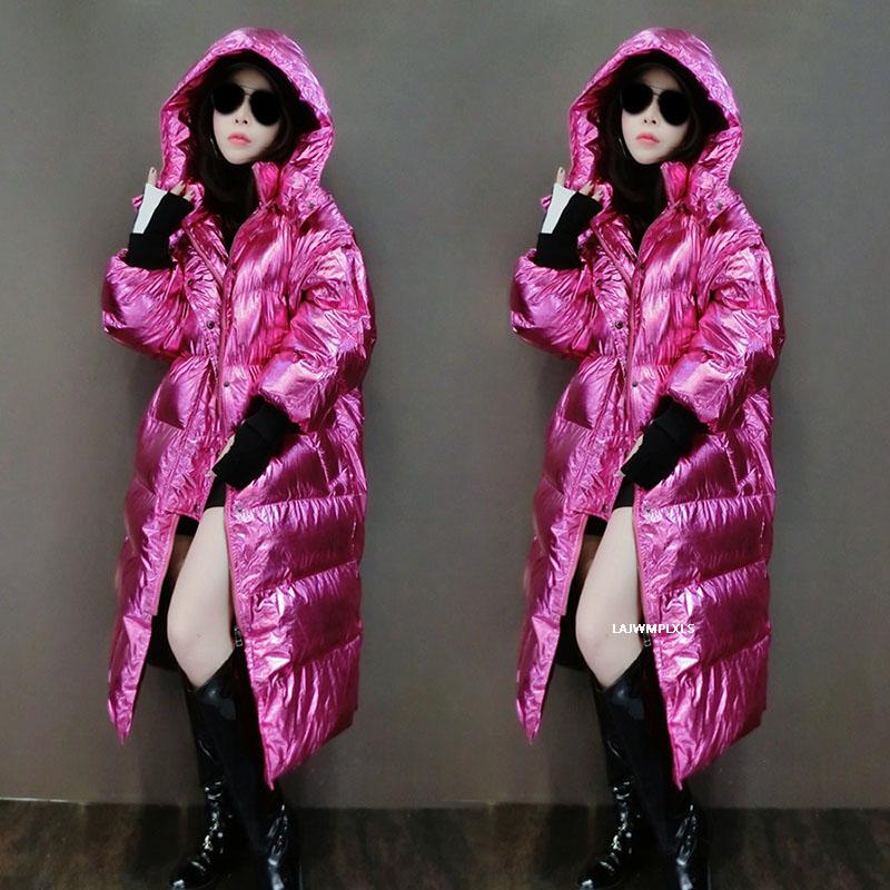 

2020 Glossy Winter Fashion Women's Down Cotton Coat Hooded Padded Cotton Jacket Female Loose Long Sleeve Plus Size Outwear MY03, Fuchsia