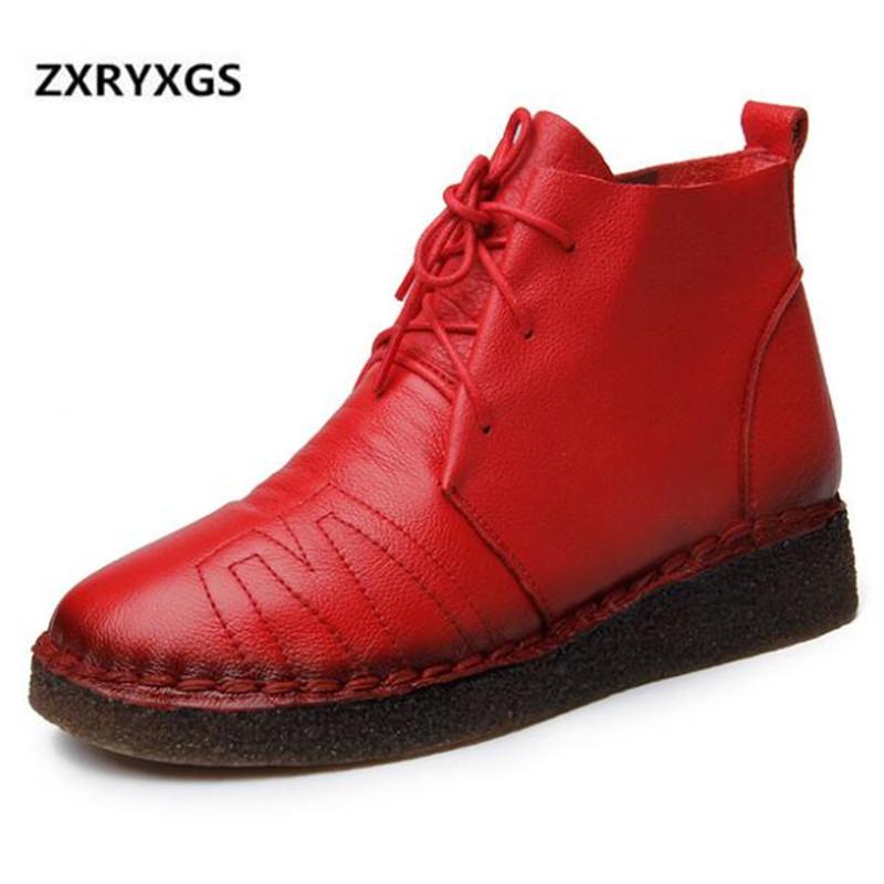 

2020 New Spring Lace Cow Leather Boots Women Comfort Soft Bottom Flat Boots Shoes Woman Non-slip Breathable Ankle Women, Black