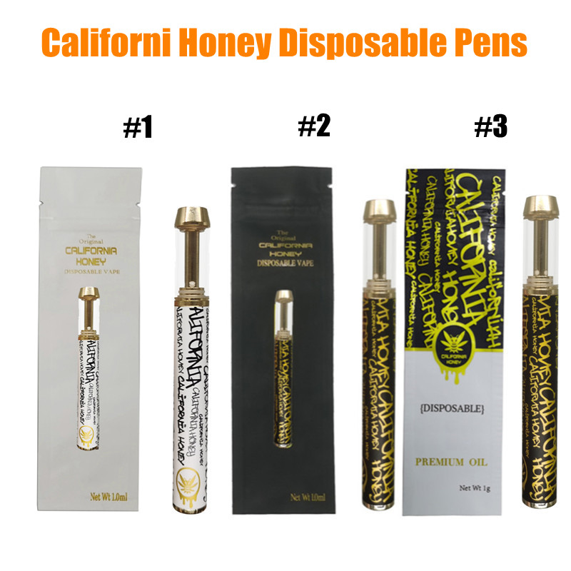 

Newest California Honey Disposable Vape Pens Rechargeable 1ml Atomizers Carts Copper tops Thick Oil Vaporizer 400mAh Battery Bottom USB port Cartridges Packaging