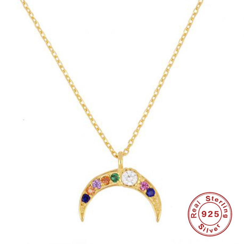 

Other GS 925 Sterling Silver Colorful Zircon Stone Gold Moon Pendant Necklace For Women European Luxury Long Chain Jewel