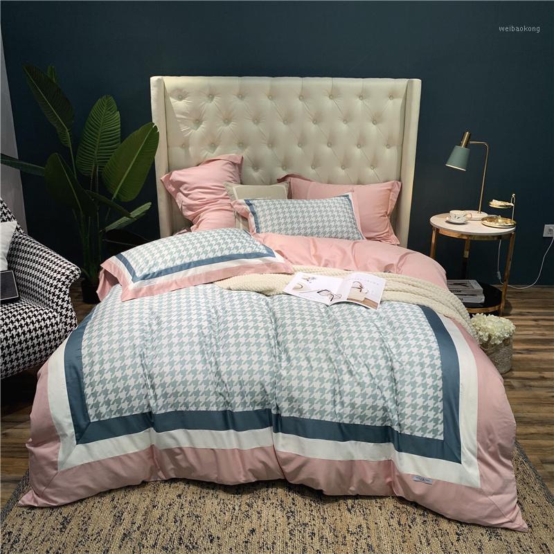 

100% Egypt Cotton Houndstooth Silky Bedding Set Patchwork Duvet Cover Sets Bed Sheet Pillowcases Queen King Size 4Pcs1, Ss6