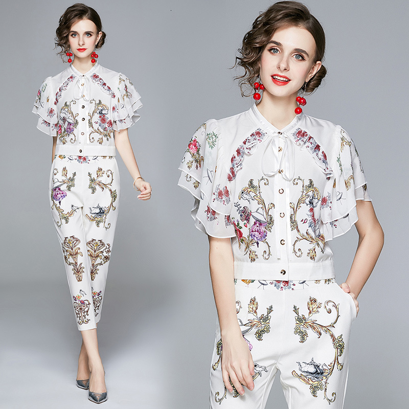 

2021 New Banulin Runway 2 Women Clothing Set Summer Ruffles Sleeve Vintage Print Short Tops + Pants Two Piece Outfits Sns6, White
