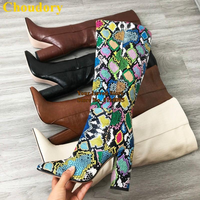

Choudory Brown Stone Pattern Snakeskin Knee Boots Chunky Heels Pointed Toe High Boots Sexy Multi-python Tall Dress Shoes1, Black as picture