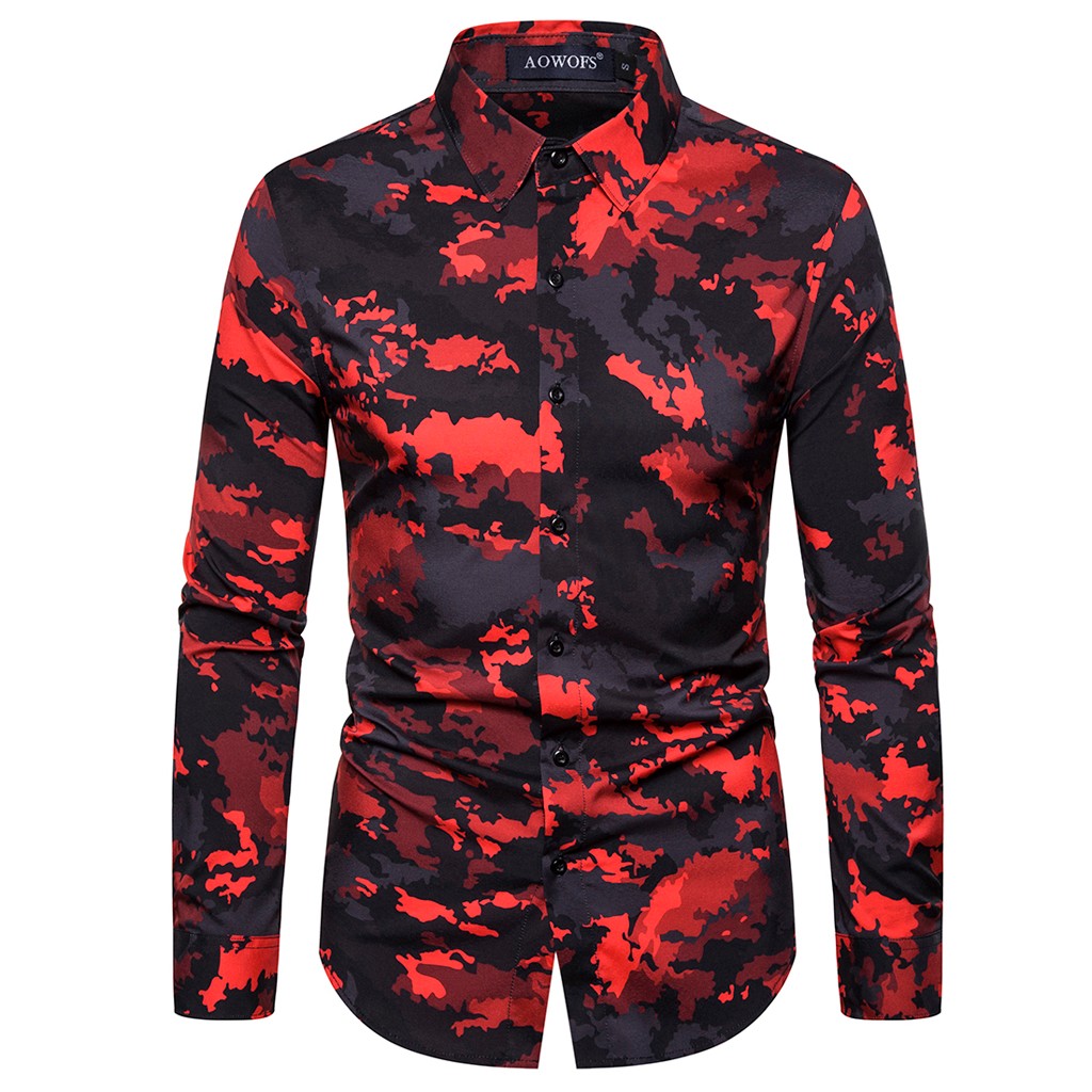 

Men Shirt 2020 Fashion Spring Mens Ethnic Style Vintage Printing Slim Long Sleeve Dress Shirt Blouse Tops Hombre, Red