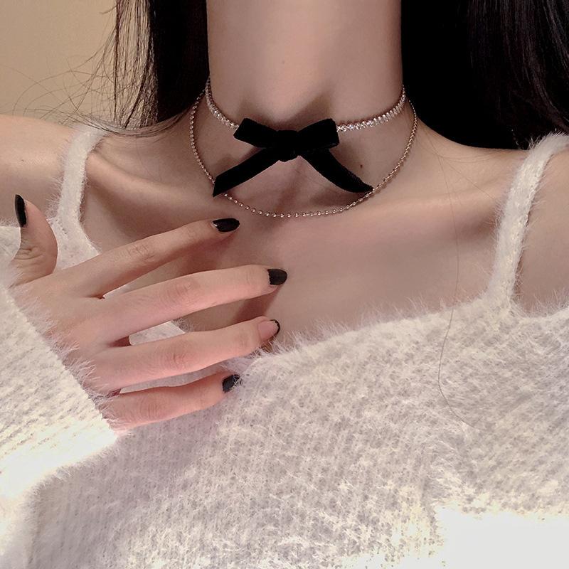 

Chokers Rhinestone Black Bow Double Layer Retro Fashion Clavicle Chain Bohemian Sweet Sexy Simple Necklace Party Birthday Jewelry Gift