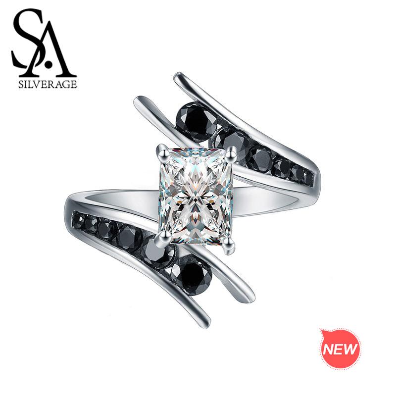 

Cluster Rings SA SILVERAGE Authentic 925 Sterling Silver White/Black Zirconia Engagement Ring Gemstone Jewelry Women