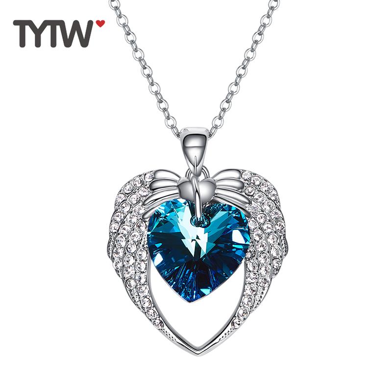 

TYTW Crystals From Austrian Jewelry Pendant Necklace Angel Heart Shaped Blue Purple Chic Fashion Jewelry Austrian Rhinestone