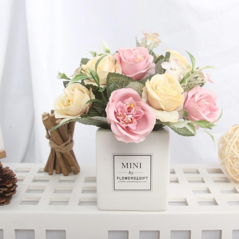 

Rose Artificial Flower Bonsai Mini Ceramic Set Decorations and Ornaments Shooting Props Crafts Indoor with Basin1