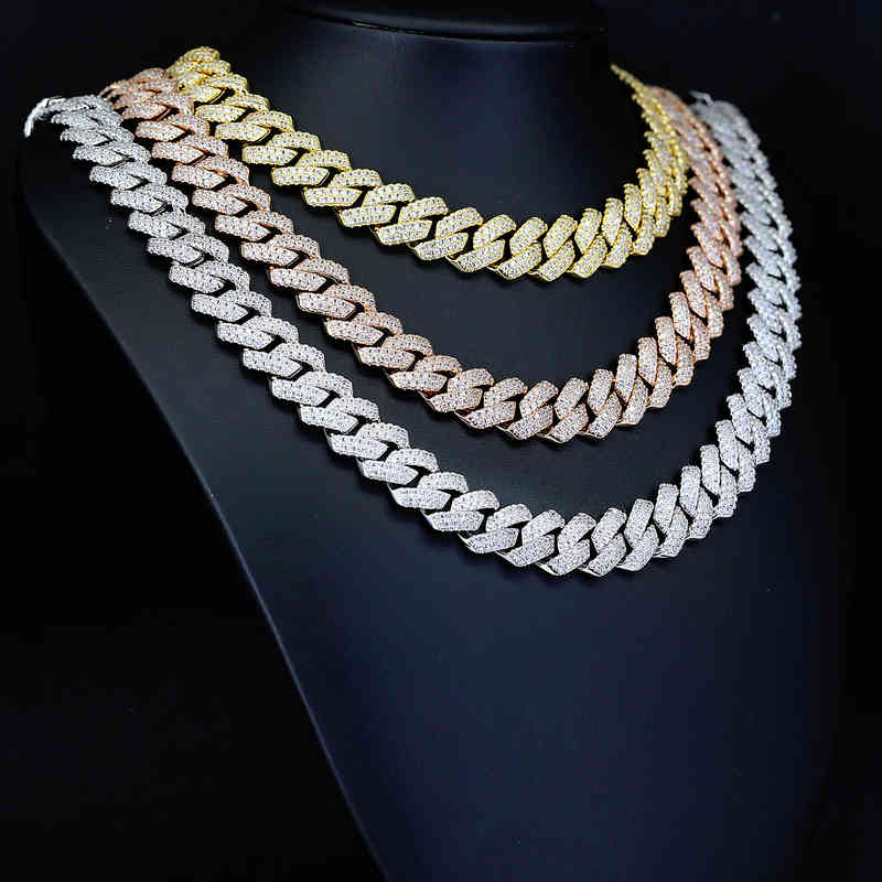 

Wholale Spot Custom Iced Out Diamond CZ White Gold Thick 15mm 20mm Curb Prong Cuban Link Chain Bracelet Necklace For Men'S