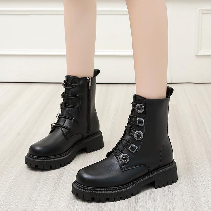 

2021 Winter Boots Lady Leather Women's Shoes Booties Low Heels Booties Round Toe Mid Calf Rhinestone Ladies Shoes Botas De Mujer1, Black