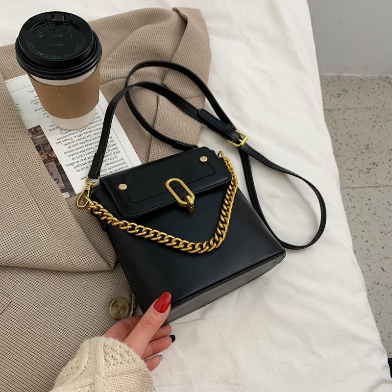 

Chain Handbag Retro Shoulder Bag Pure Color PU Leather Ladies Bag Casual Messenger Bucket Ladies Women's, Black